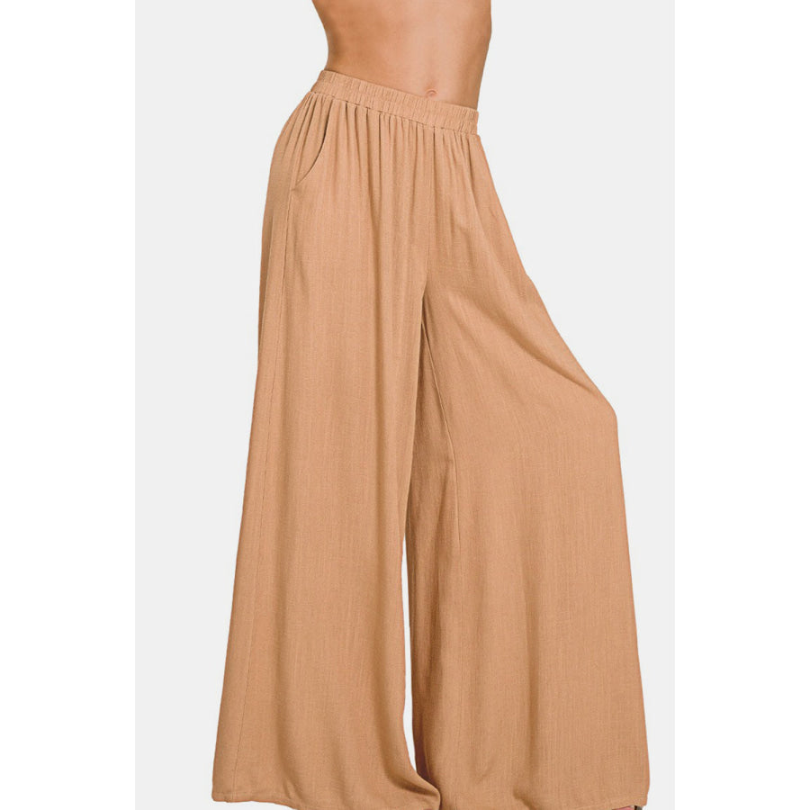 Zenana Pleated Linen Blend Wide Leg Pants Bottoms