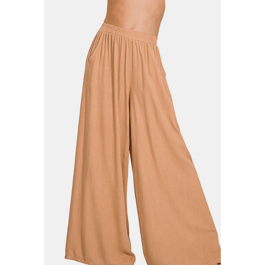 Zenana Pleated Linen Blend Wide Leg Pants Bottoms