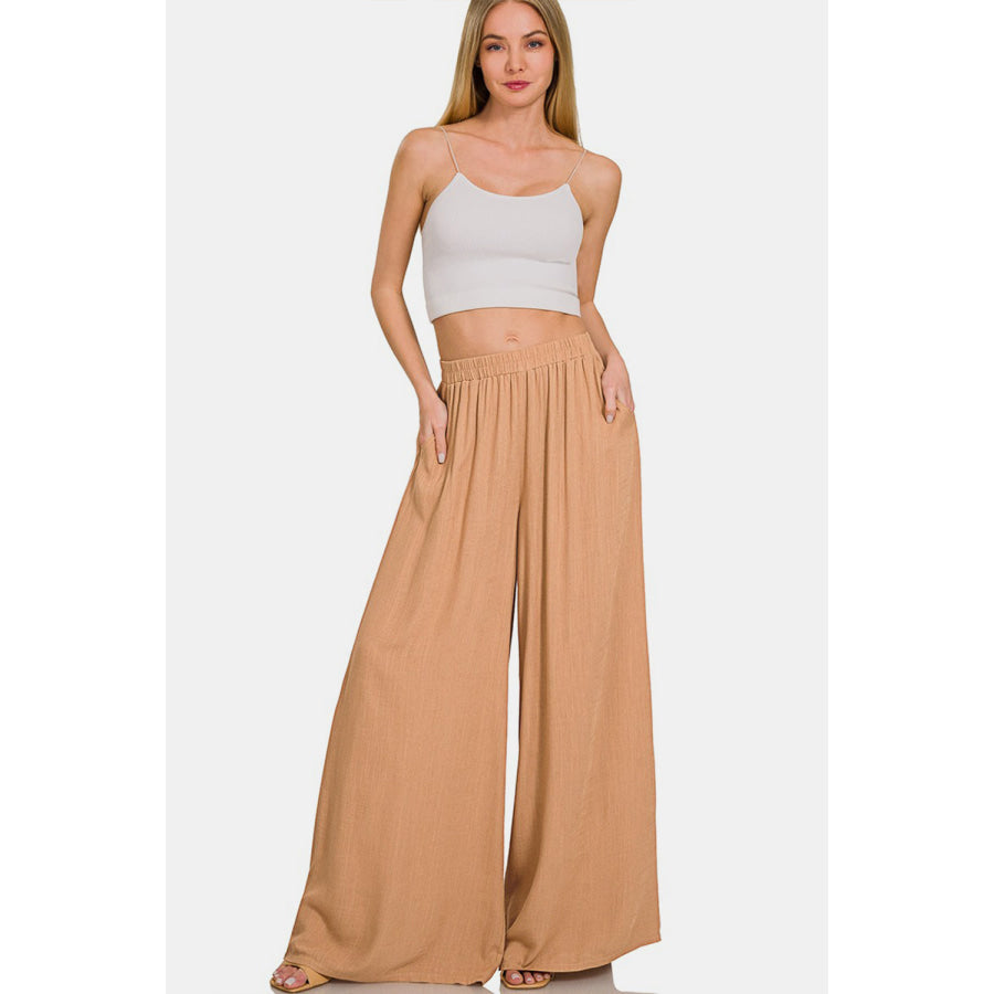 Zenana Pleated Linen Blend Wide Leg Pants Bottoms