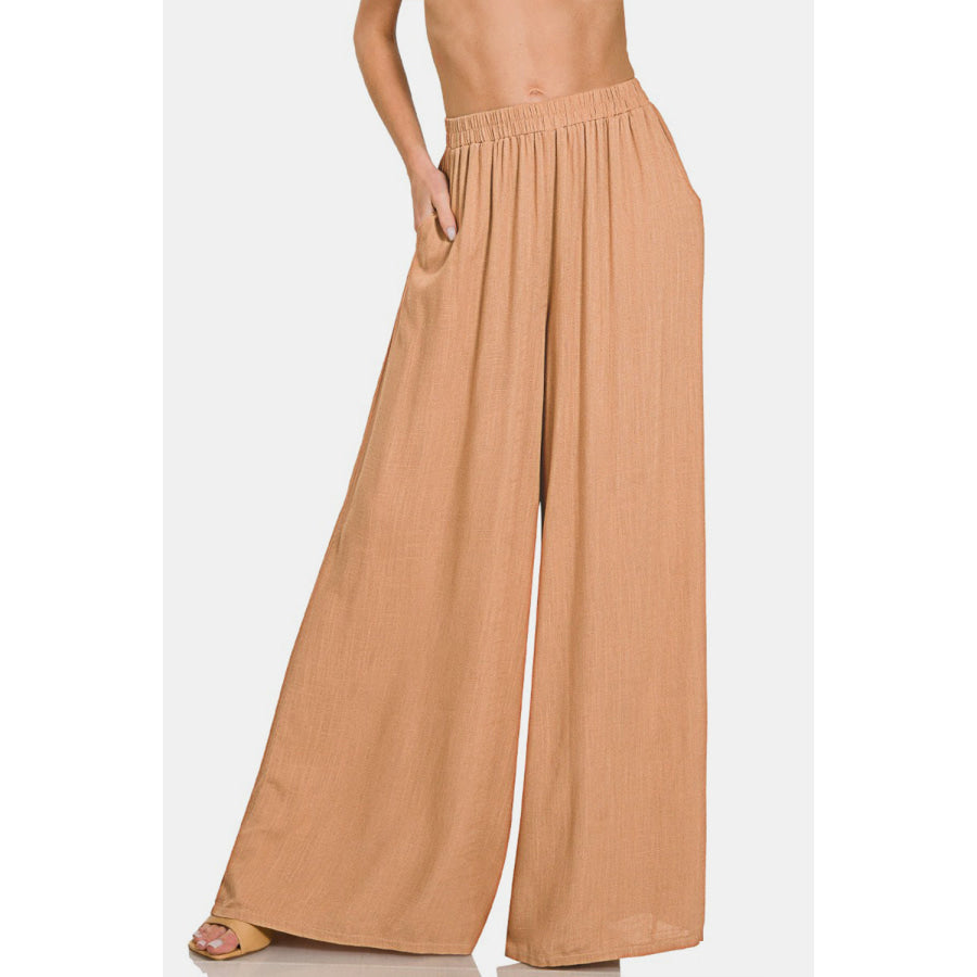 Zenana Pleated Linen Blend Wide Leg Pants Dk Brush / S Bottoms