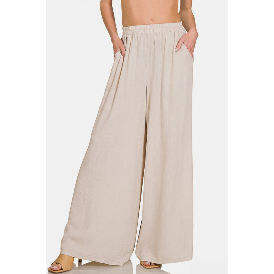 Zenana Pleated Linen Blend Wide Leg Pants Sand Beige / S Apparel and Accessories