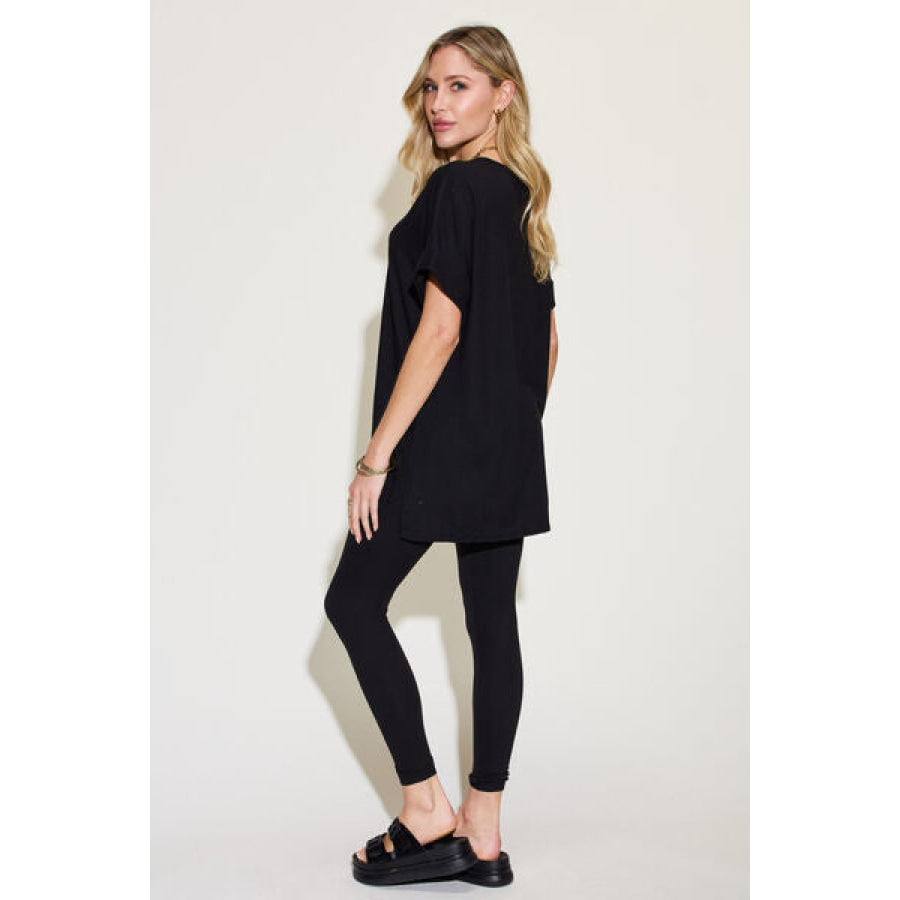 Zenana Plus Size Short Sleeve Slit T - Shirt and Leggings Lounge Set Black / 1XL Apparel Accessories