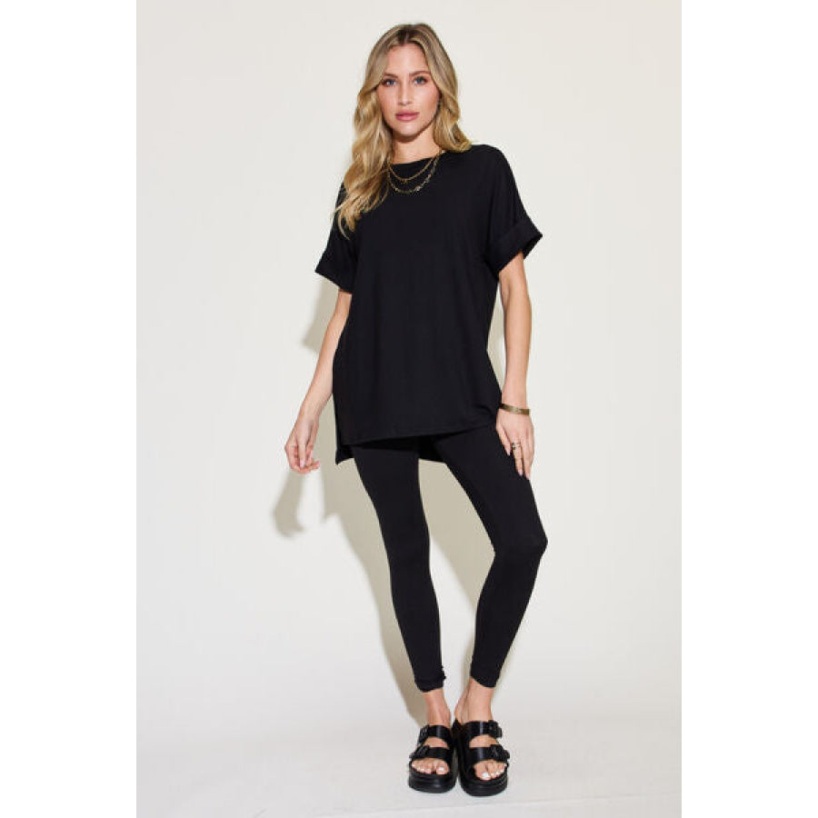 Zenana Plus Size Short Sleeve Slit T - Shirt and Leggings Lounge Set Apparel Accessories