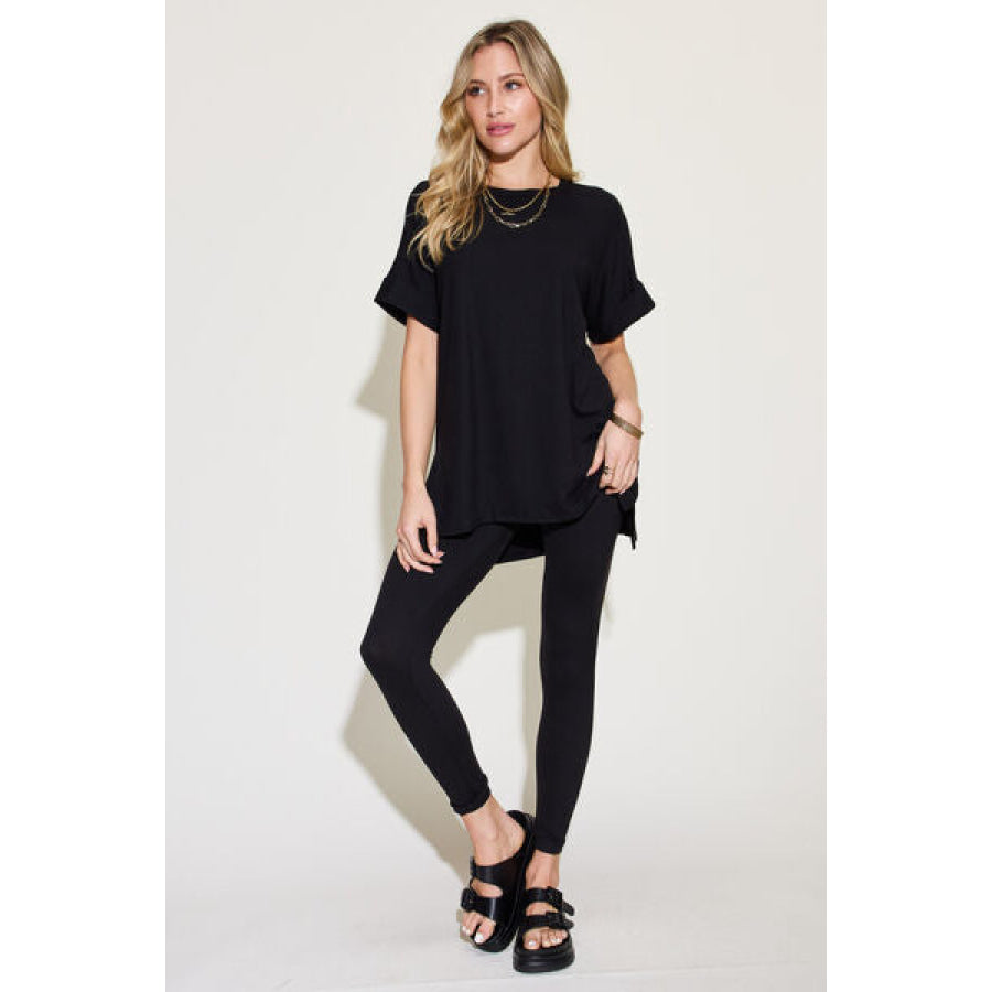 Zenana Plus Size Short Sleeve Slit T - Shirt and Leggings Lounge Set Black / 1XL Apparel Accessories