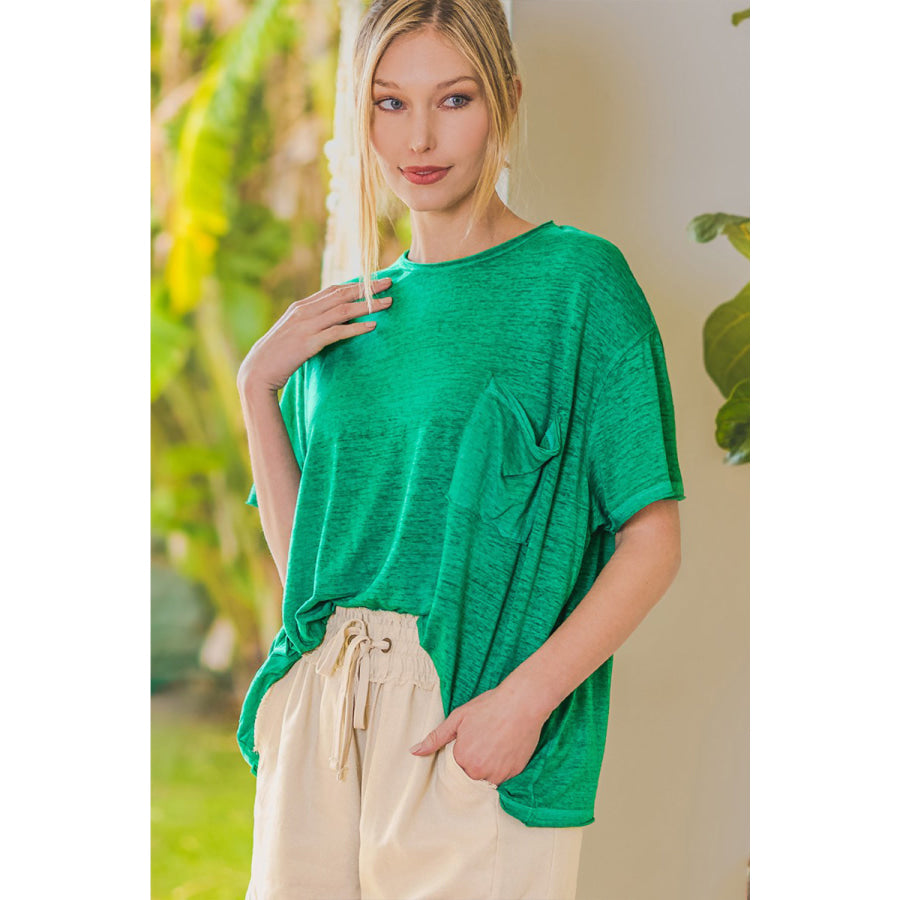 Zenana Pocketed Round Neck Dropped Shoulder T - Shirt Green / S/M Apparel and Accessories