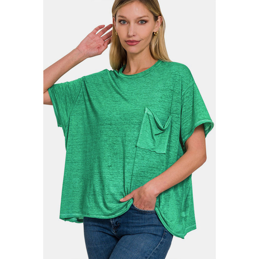 Zenana Pocketed Round Neck Dropped Shoulder T - Shirt Green / S/M Apparel and Accessories