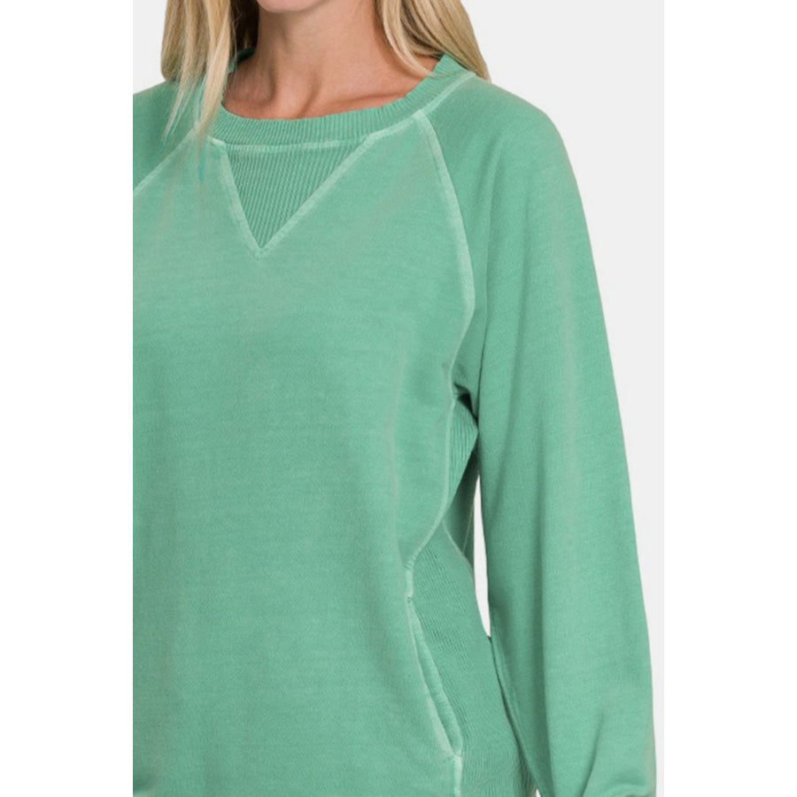 Zenana Pocketed Round Neck Long Sleeve Sweatshirt Apparel and Accessories