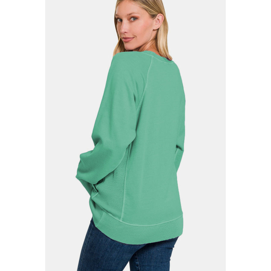 Zenana Pocketed Round Neck Long Sleeve Sweatshirt Dk Green / S Apparel and Accessories