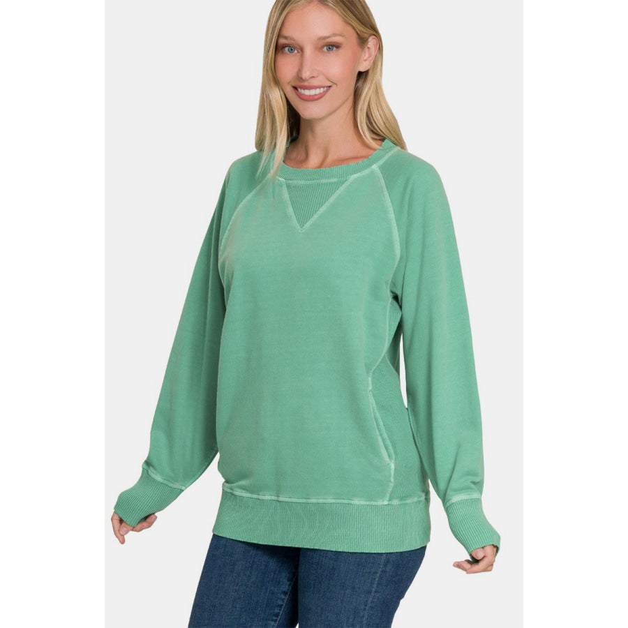 Zenana Pocketed Round Neck Long Sleeve Sweatshirt Dk Green / S Apparel and Accessories
