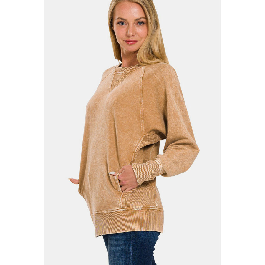 Zenana Pocketed Round Neck Sweatshirt Apparel and Accessories