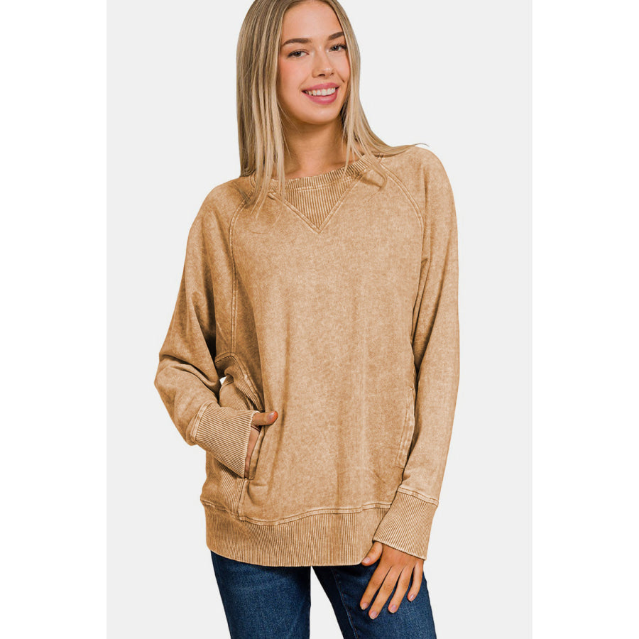 Zenana Pocketed Round Neck Sweatshirt Camel / S Apparel and Accessories