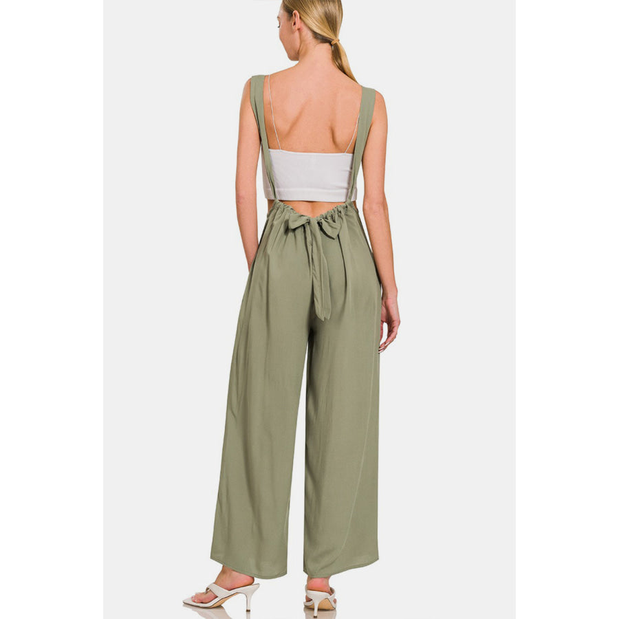 Zenana Pocketed Wide Strap Wide Leg Overalls Lt Olive / S Apparel and Accessories