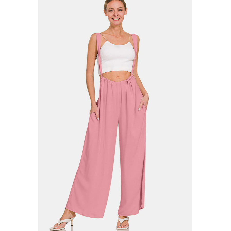 Zenana Pocketed Wide Strap Wide Leg Overalls Lt Rose / S Apparel and Accessories