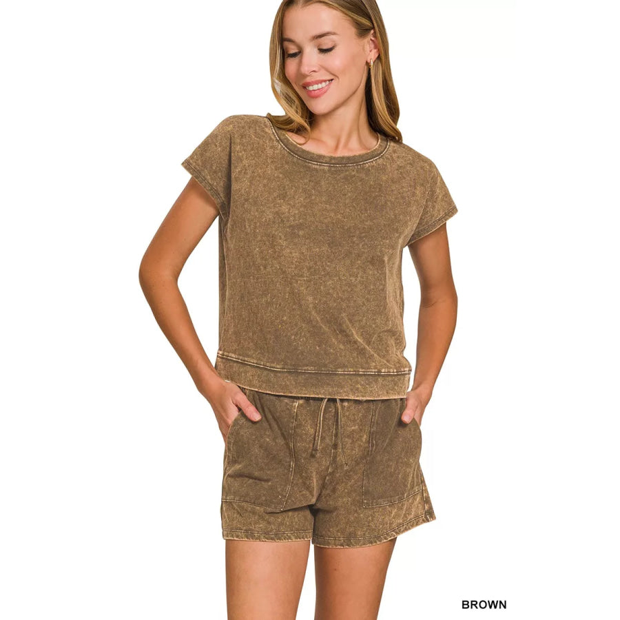 Zenana Premium Cotton Washed Sleeveless Top & Shorts Set BROWN / S Apparel and Accessories
