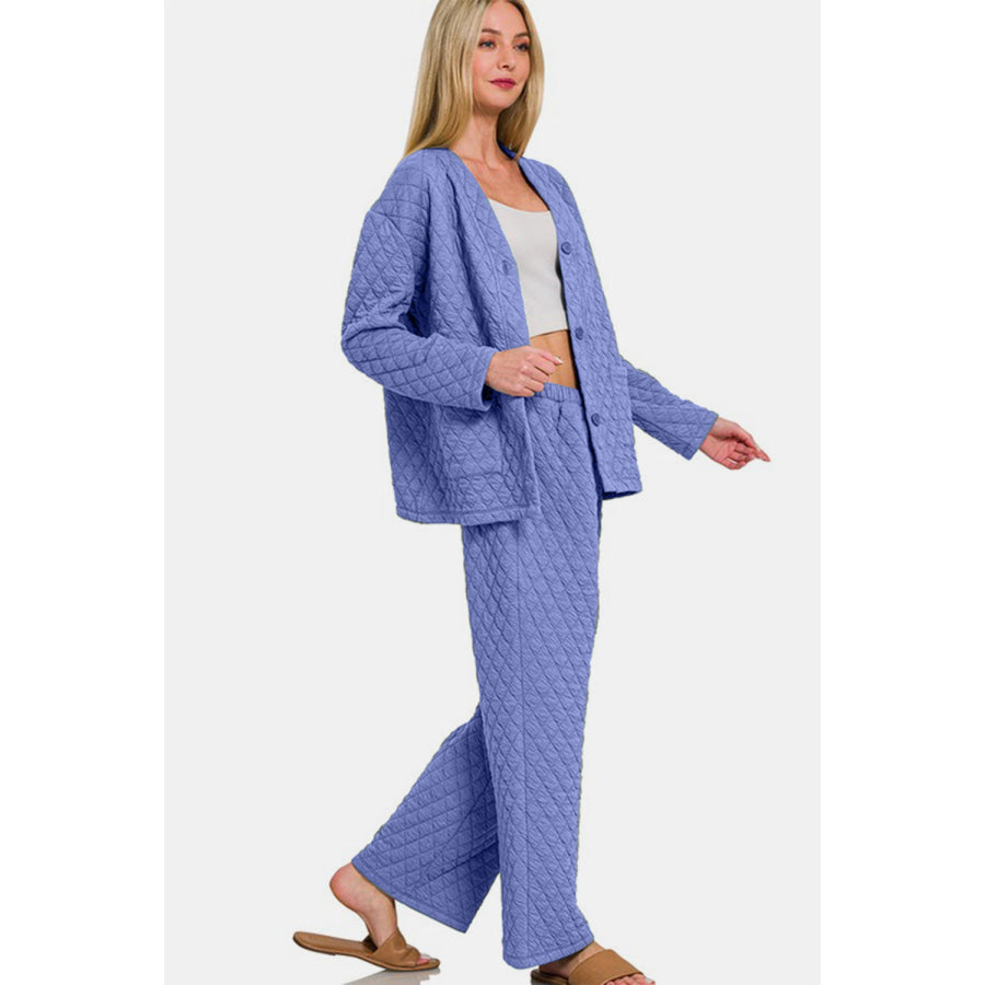 Zenana Quilted Button Up Long Sleeve Top and Pants Lounge Set Apparel and Accessories