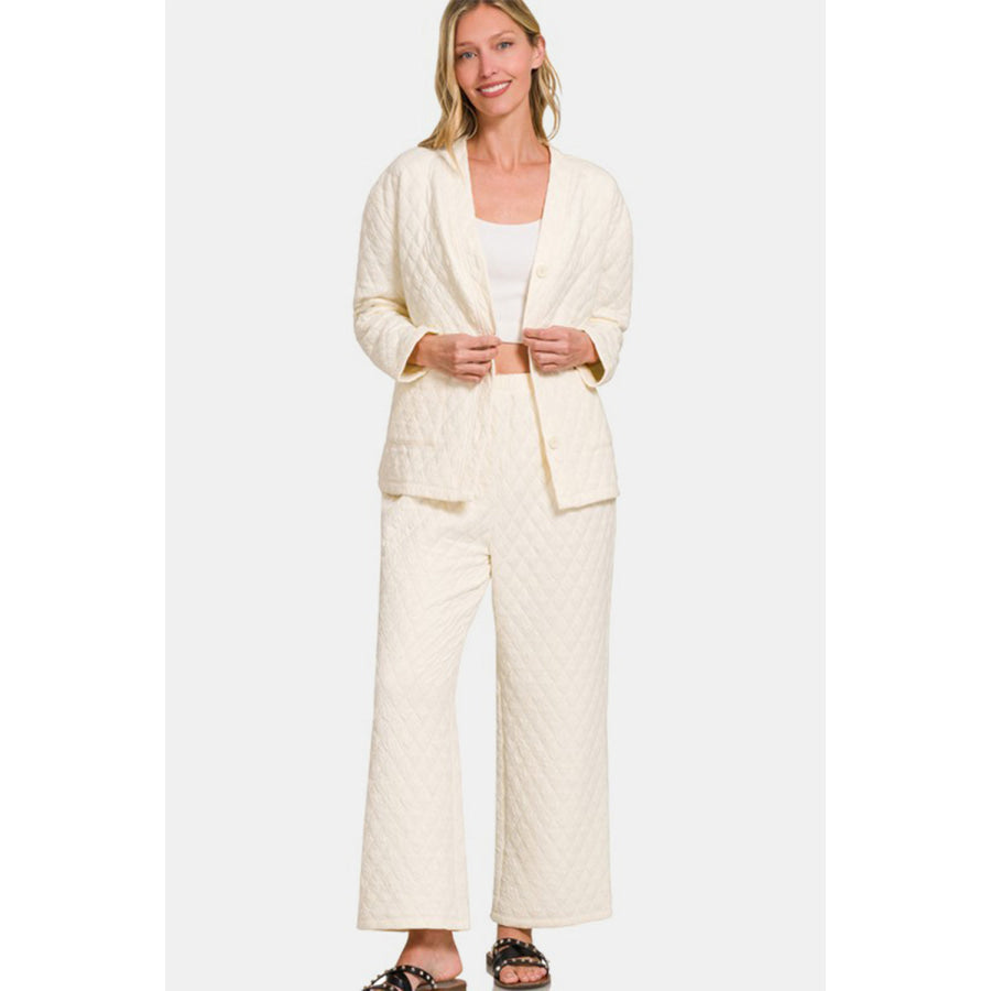 Zenana Quilted Button Up Long Sleeve Top and Pants Lounge Set Apparel and Accessories