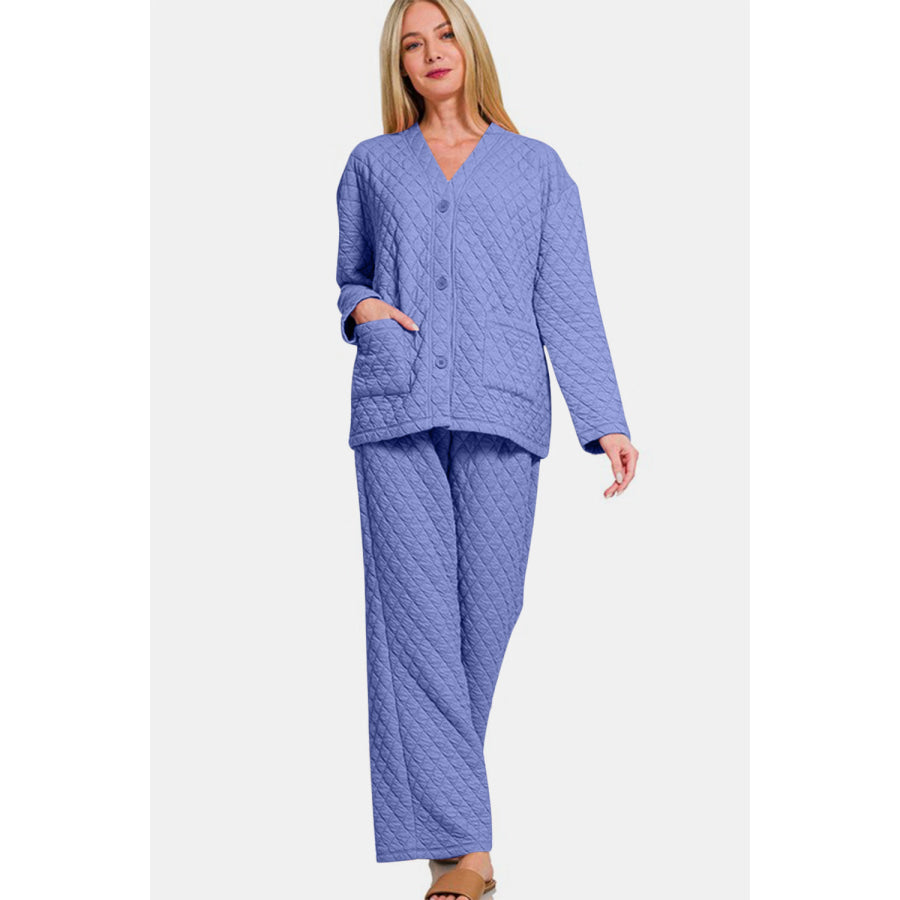 Zenana Quilted Button Up Long Sleeve Top and Pants Lounge Set Apparel and Accessories