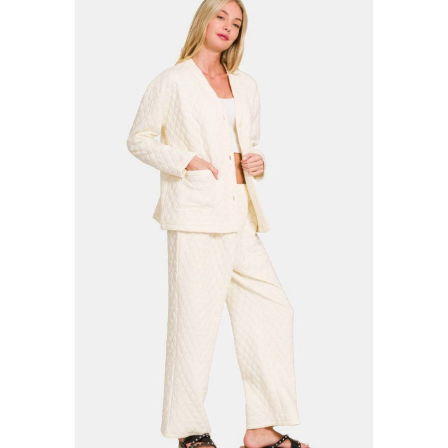 Zenana Quilted Button Up Long Sleeve Top and Pants Lounge Set Beige / S Apparel and Accessories