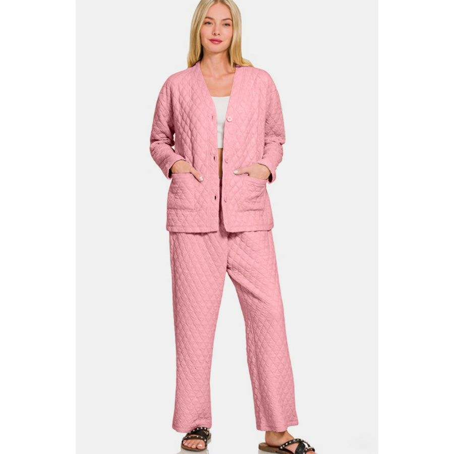 Zenana Quilted Button Up Long Sleeve Top and Pants Lounge Set Apparel and Accessories