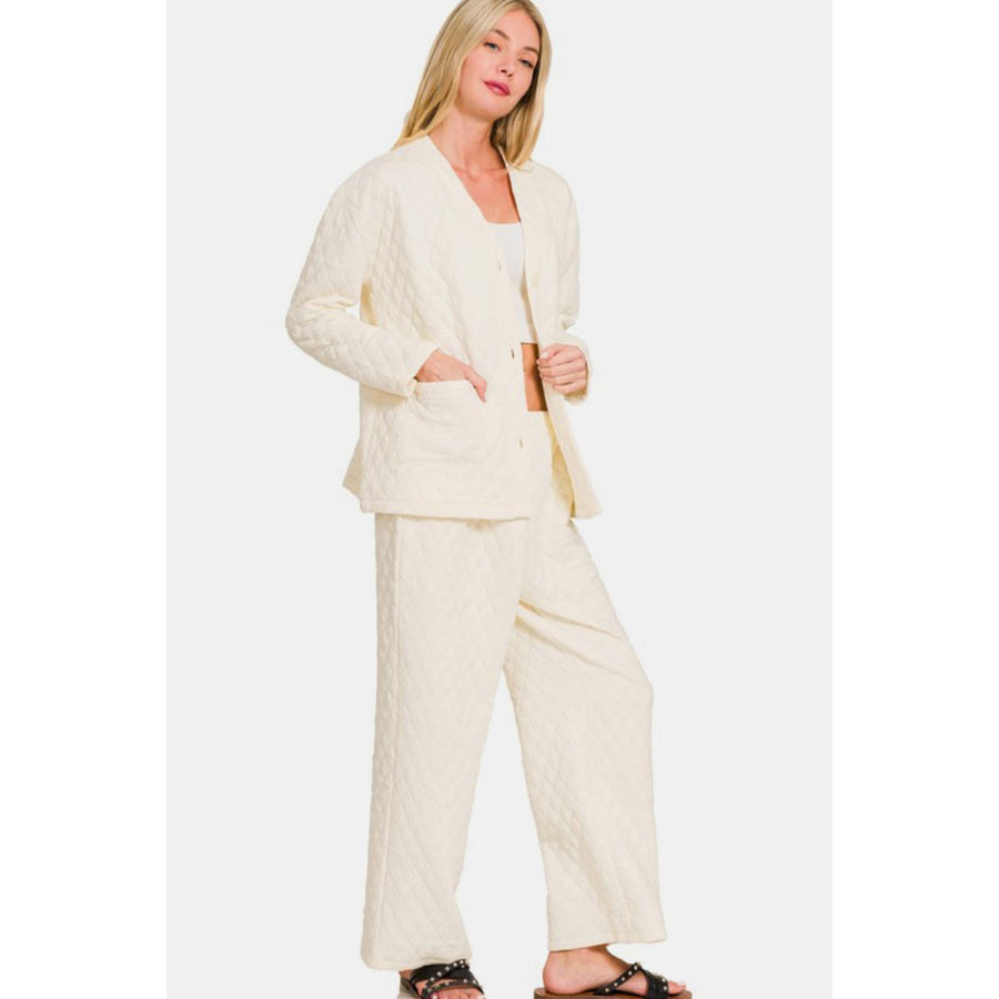 Zenana Quilted Button Up Long Sleeve Top and Pants Lounge Set Apparel and Accessories