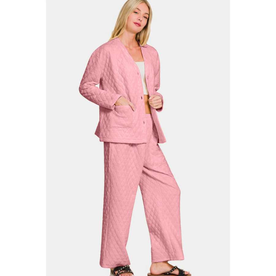 Zenana Quilted Button Up Long Sleeve Top and Pants Lounge Set Dusty Pink / S Apparel and Accessories