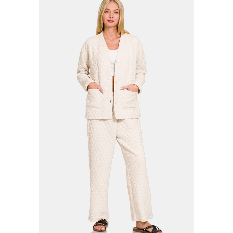 Zenana Quilted Button Up Long Sleeve Top and Pants Lounge Set Beige / S Apparel and Accessories