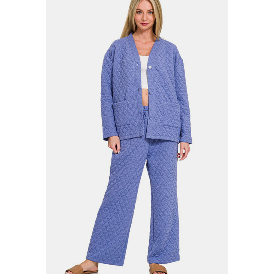 Zenana Quilted Button Up Long Sleeve Top and Pants Lounge Set Blue Purple / S Apparel and Accessories