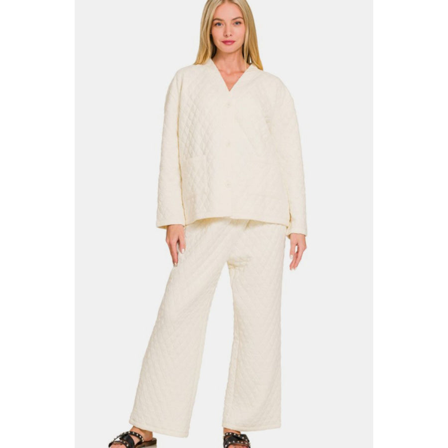 Zenana Quilted Button Up Long Sleeve Top and Pants Lounge Set Cream / S Apparel and Accessories