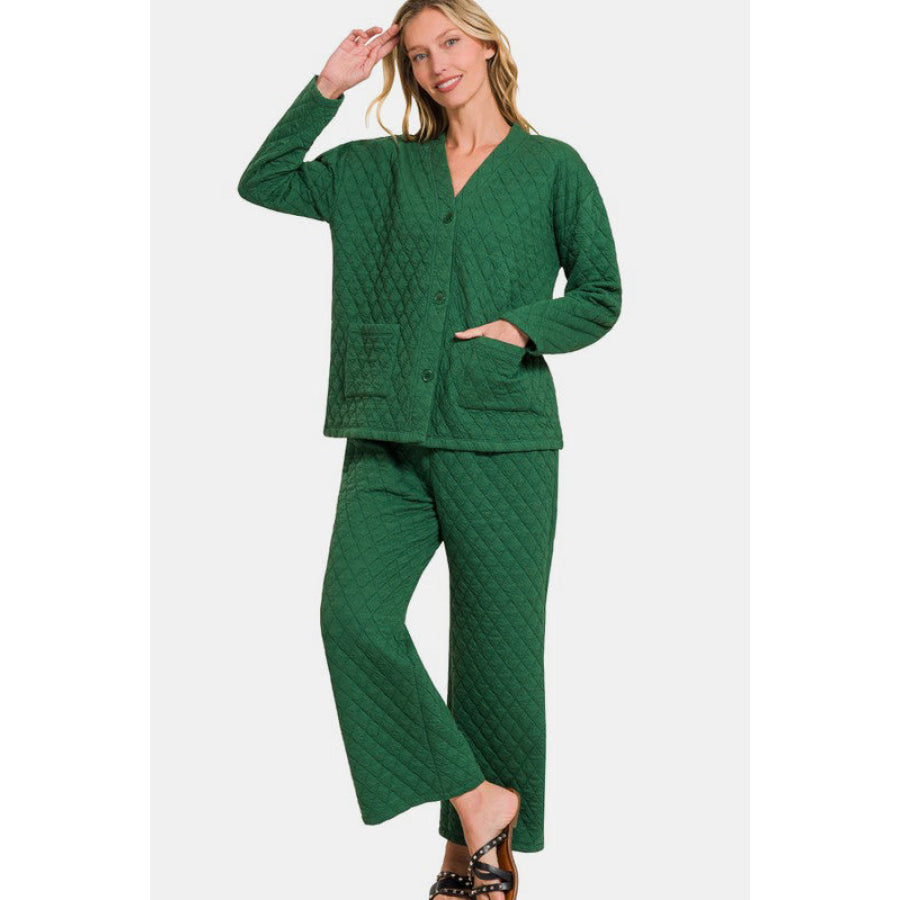 Zenana Quilted Button Up Long Sleeve Top and Pants Lounge Set Dark Green / S Apparel and Accessories