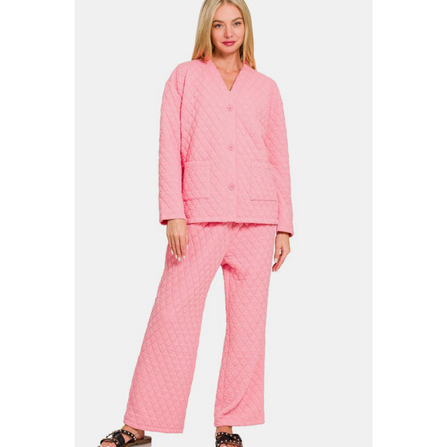 Zenana Quilted Button Up Long Sleeve Top and Pants Lounge Set Dk Pink / S Apparel and Accessories