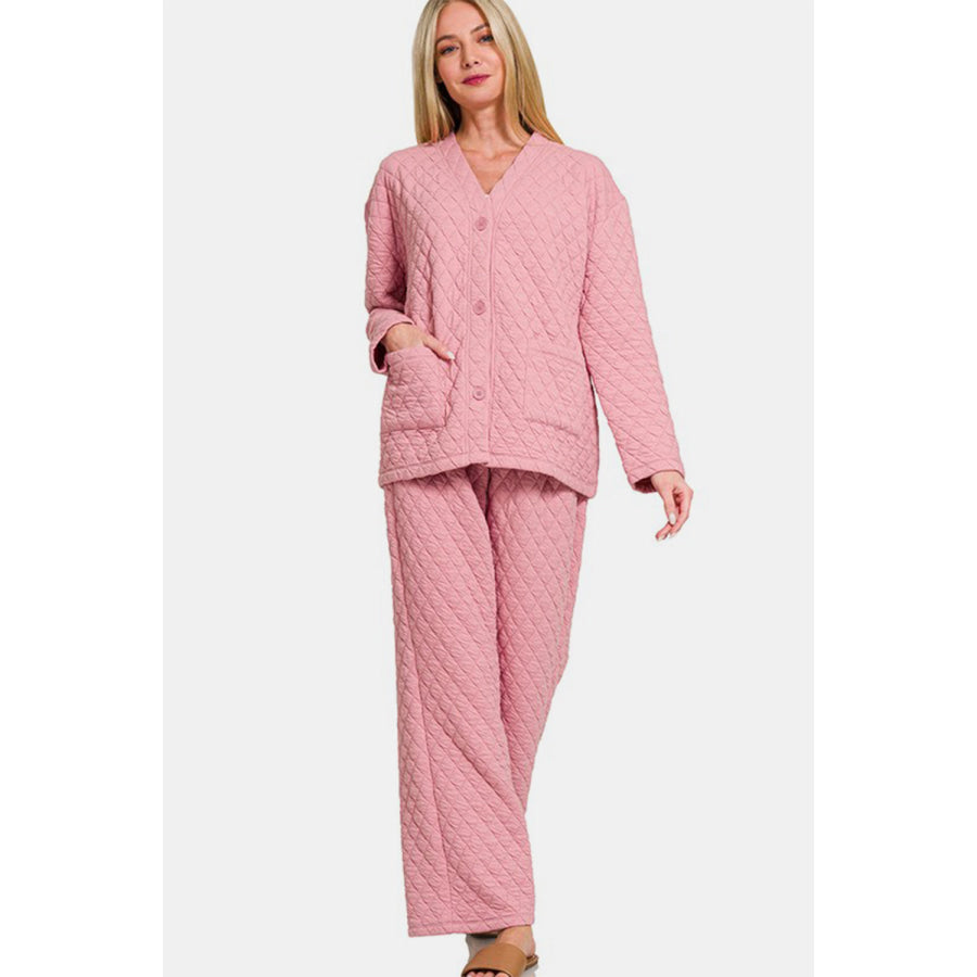 Zenana Quilted Button Up Long Sleeve Top and Pants Lounge Set Dusty Pink / S Apparel and Accessories