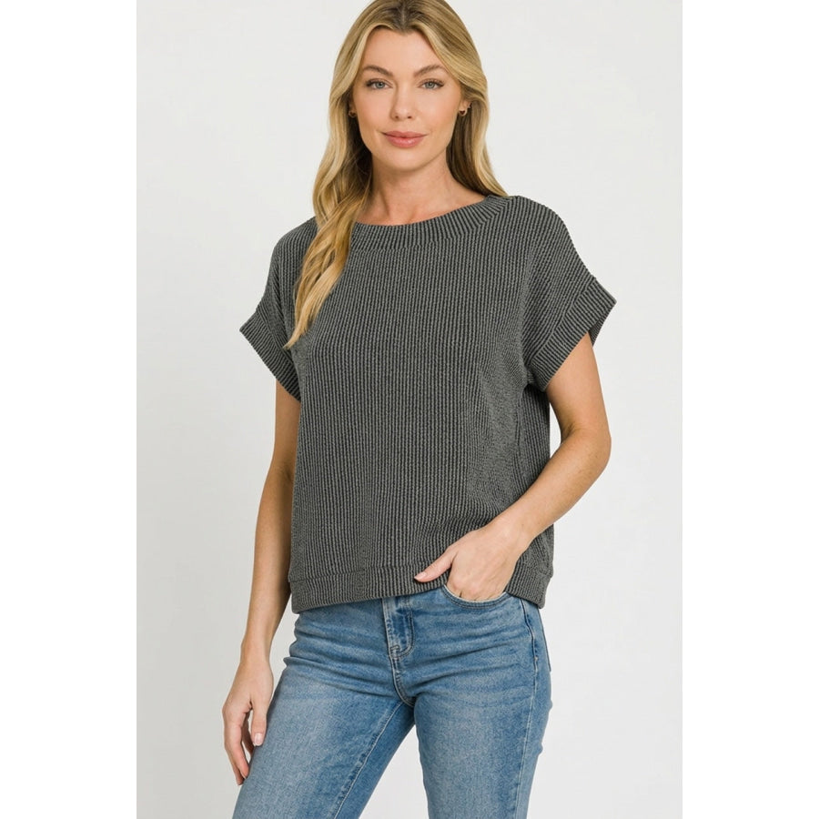 Zenana Raised Rib Cap Sleeve Top CHARCOAL / S Apparel and Accessories