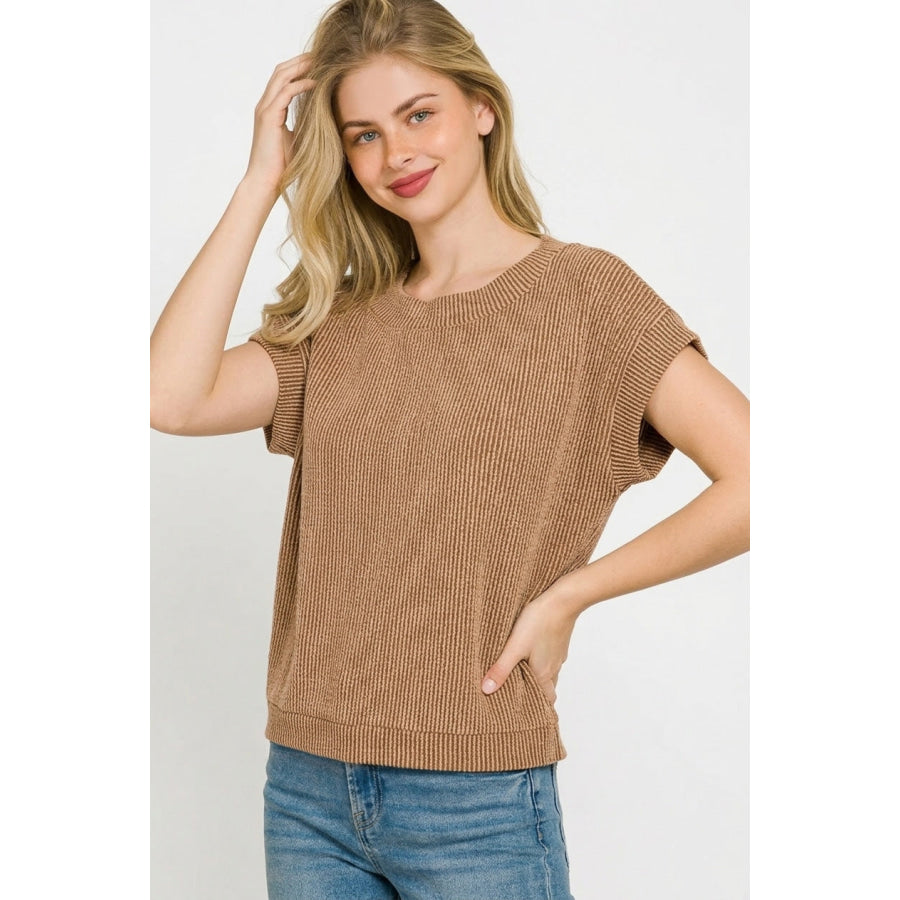 Zenana Raised Rib Cap Sleeve Top BROWN / S Apparel and Accessories