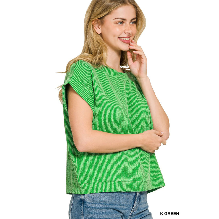 Zenana Raised Rib Cap Sleeve Top K GREEN / S Apparel and Accessories