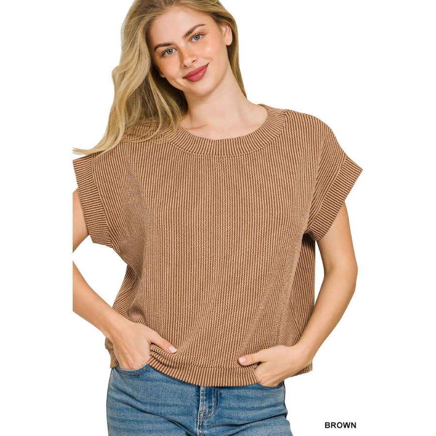 Zenana Raised Rib Cap Sleeve Top BROWN / S Apparel and Accessories
