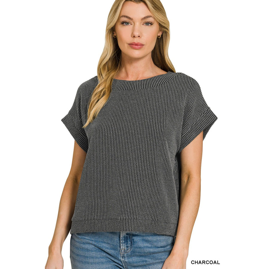 Zenana Raised Rib Cap Sleeve Top CHARCOAL / S Apparel and Accessories