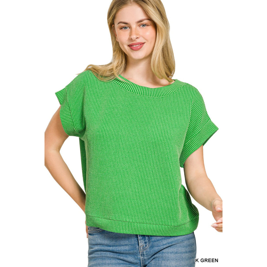 Zenana Raised Rib Cap Sleeve Top K GREEN / S Apparel and Accessories