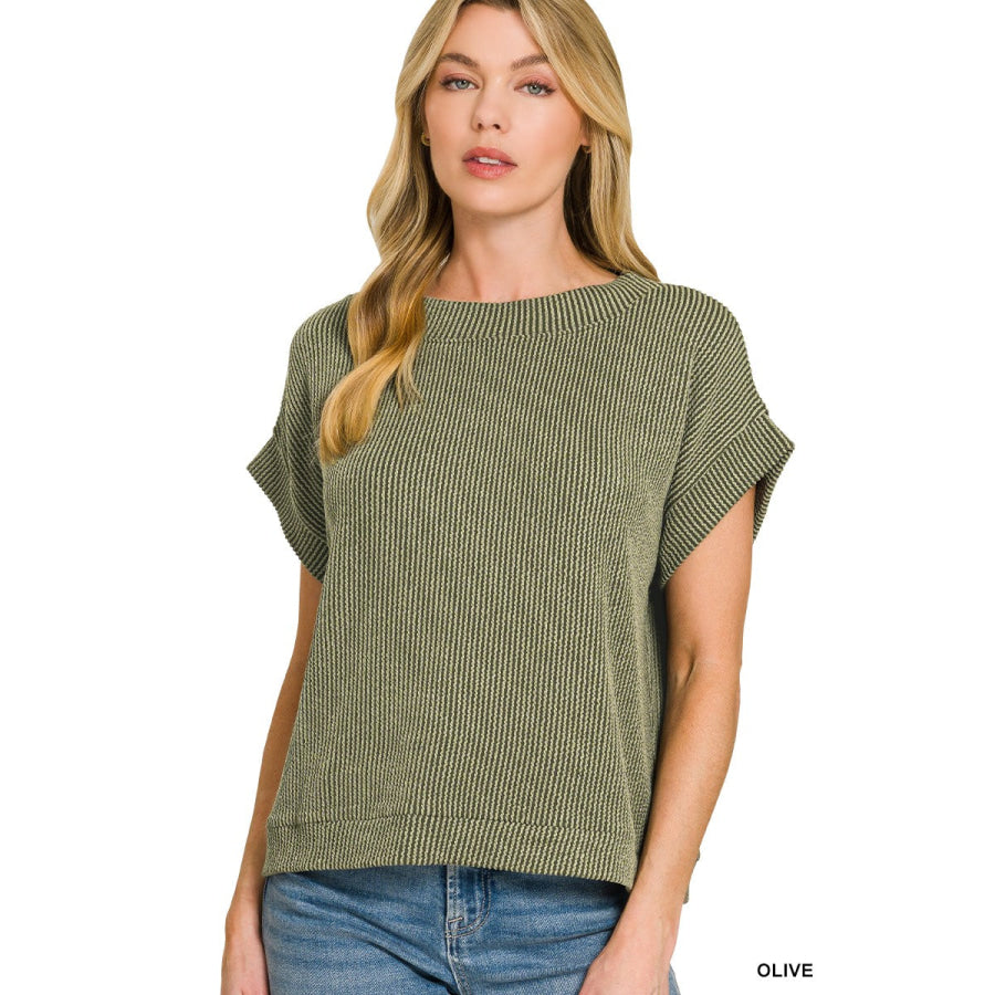Zenana Raised Rib Cap Sleeve Top OLIVE / S Apparel and Accessories