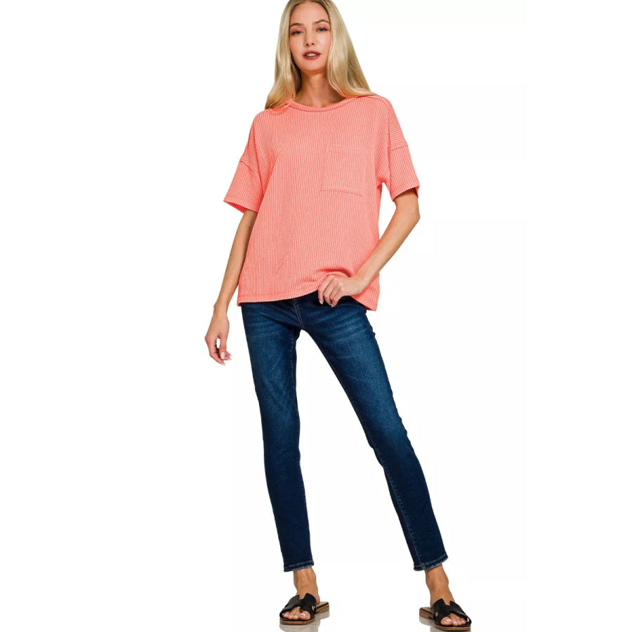 Zenana Raised Rib Exposed Seam Short Sleeve Top Apparel and Accessories