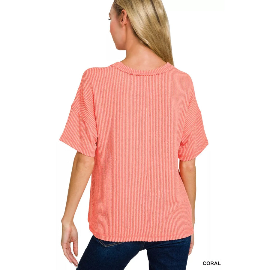 Zenana Raised Rib Exposed Seam Short Sleeve Top Apparel and Accessories