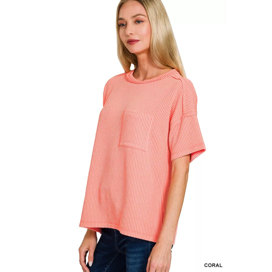 Zenana Raised Rib Exposed Seam Short Sleeve Top CORAL / S Apparel and Accessories