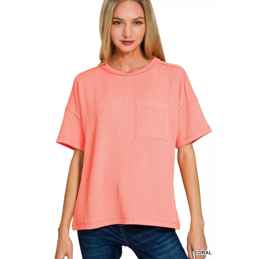 Zenana Raised Rib Exposed Seam Short Sleeve Top CORAL / S Apparel and Accessories