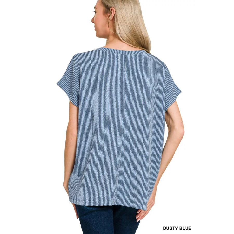 Zenana Raised Rib Front Pocket Boxy Top Apparel and Accessories