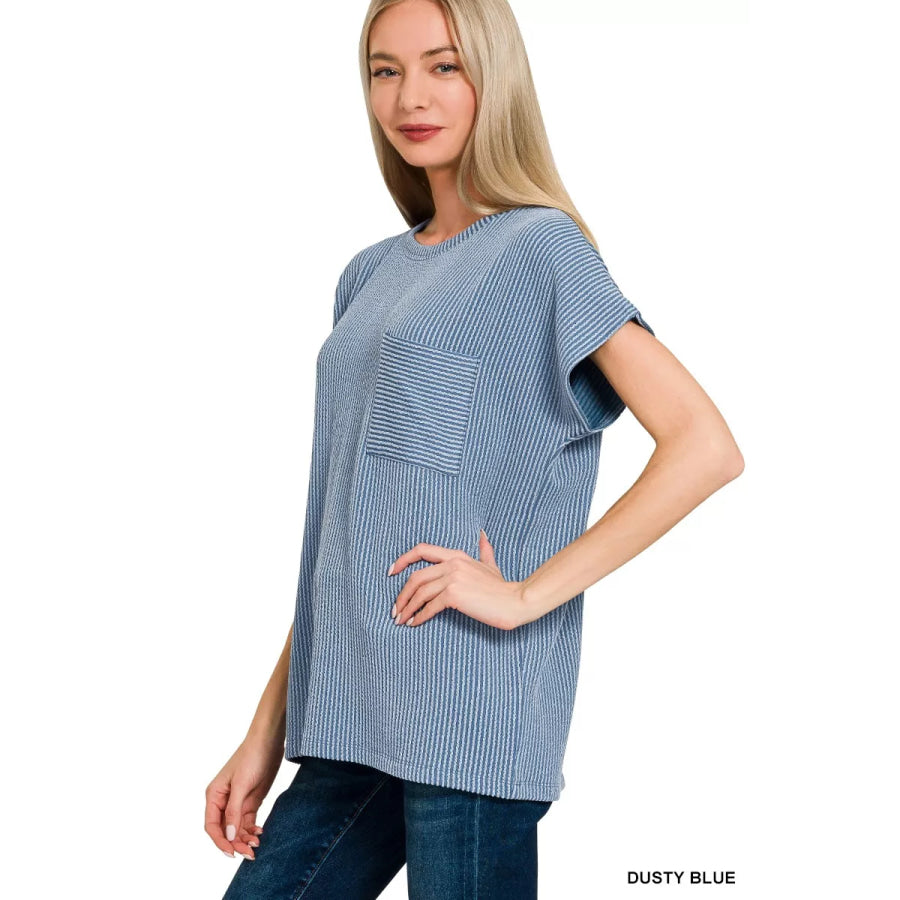 Zenana Raised Rib Front Pocket Boxy Top Apparel and Accessories