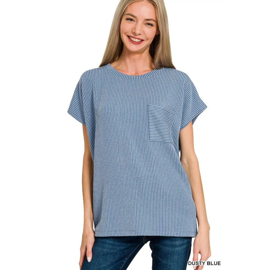 Zenana Raised Rib Front Pocket Boxy Top DUSTY BLUE / S Apparel and Accessories