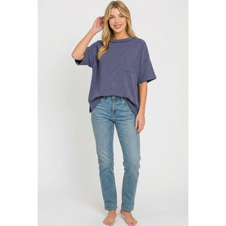 Zenana Raised Rib Short Sleeve Front Pocket Top Apparel and Accessories