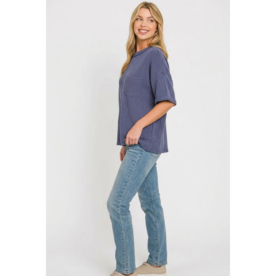 Zenana Raised Rib Short Sleeve Front Pocket Top NAVY / S/M Apparel and Accessories