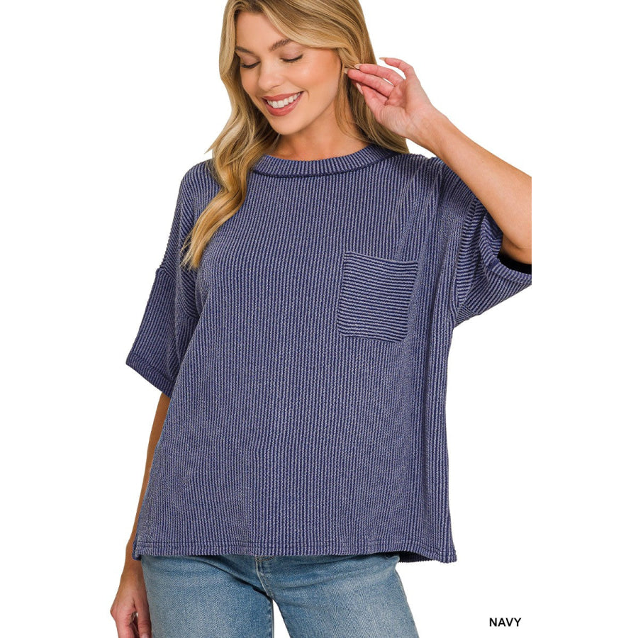 Zenana Raised Rib Short Sleeve Front Pocket Top NAVY / S/M Apparel and Accessories