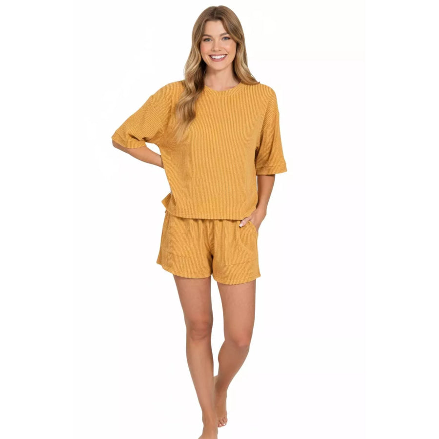 Zenana Raised Rib Short Sleeve Tee and Drawstring Shorts Set Apparel and Accessories