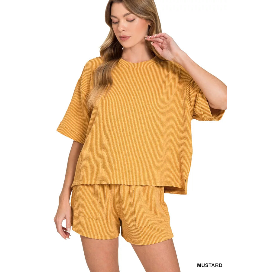 Zenana Raised Rib Short Sleeve Tee and Drawstring Shorts Set MUSTARD / S Apparel and Accessories